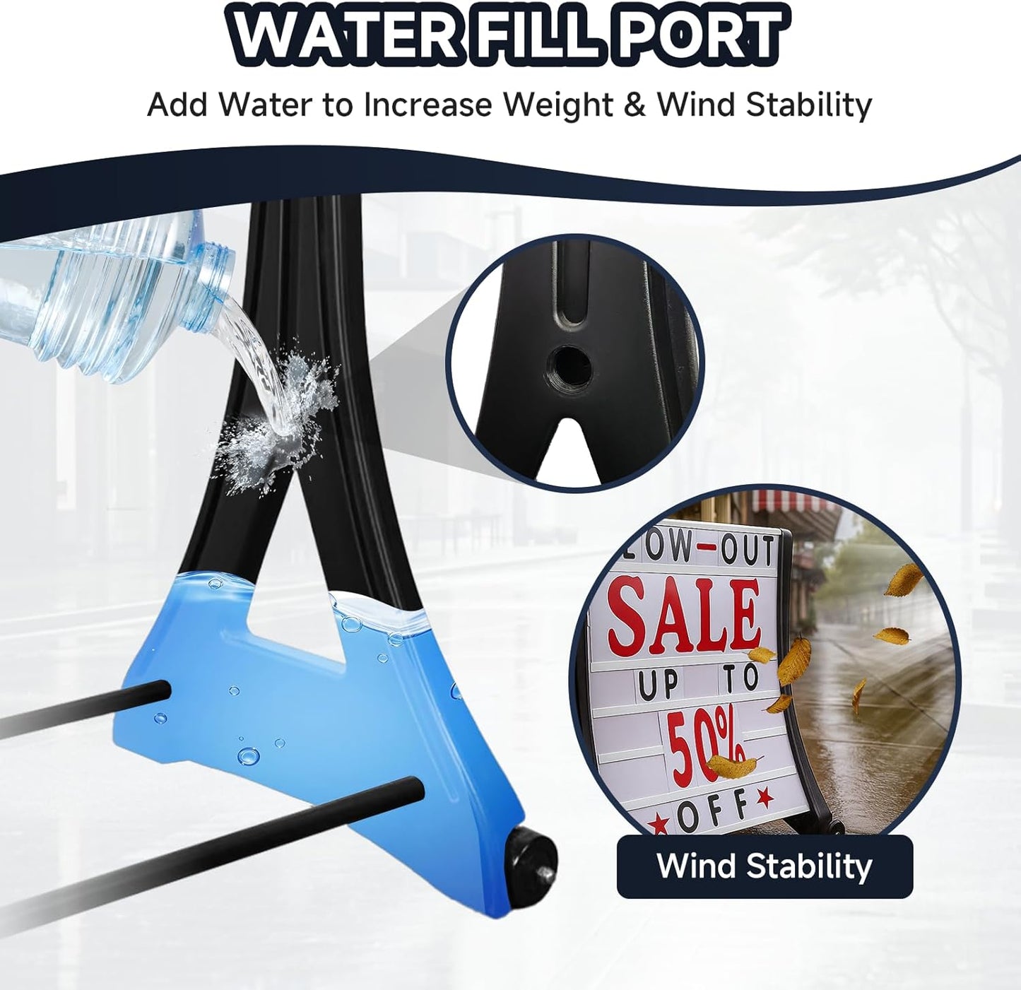 24'x39' Changeable Message Board Sidewalk Sign, Black Standing Frame w/ Wheels, Water-Fillable, Wind-Resistant