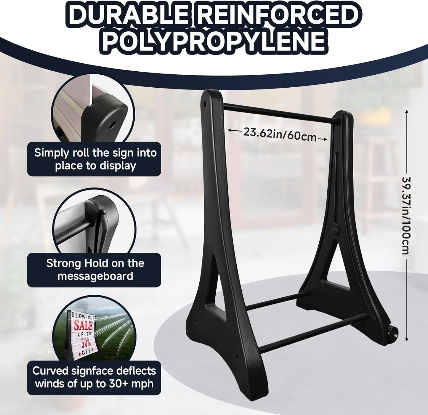 24'x39' Changeable Message Board Sidewalk Sign, Black Standing Frame w/ Wheels, Water-Fillable, Wind-Resistant