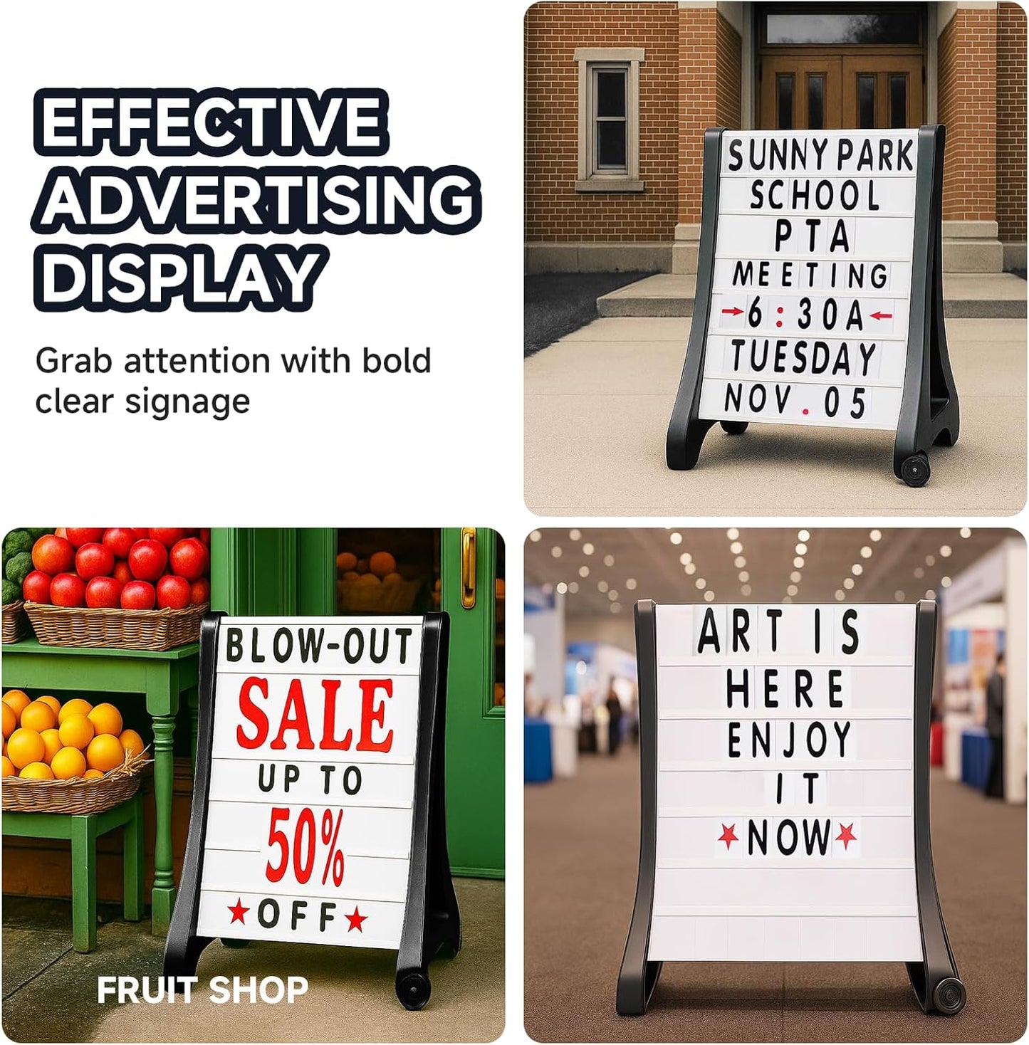 24'x39' Changeable Message Board Sidewalk Sign, Black Standing Frame w/ Wheels, Water-Fillable, Wind-Resistant