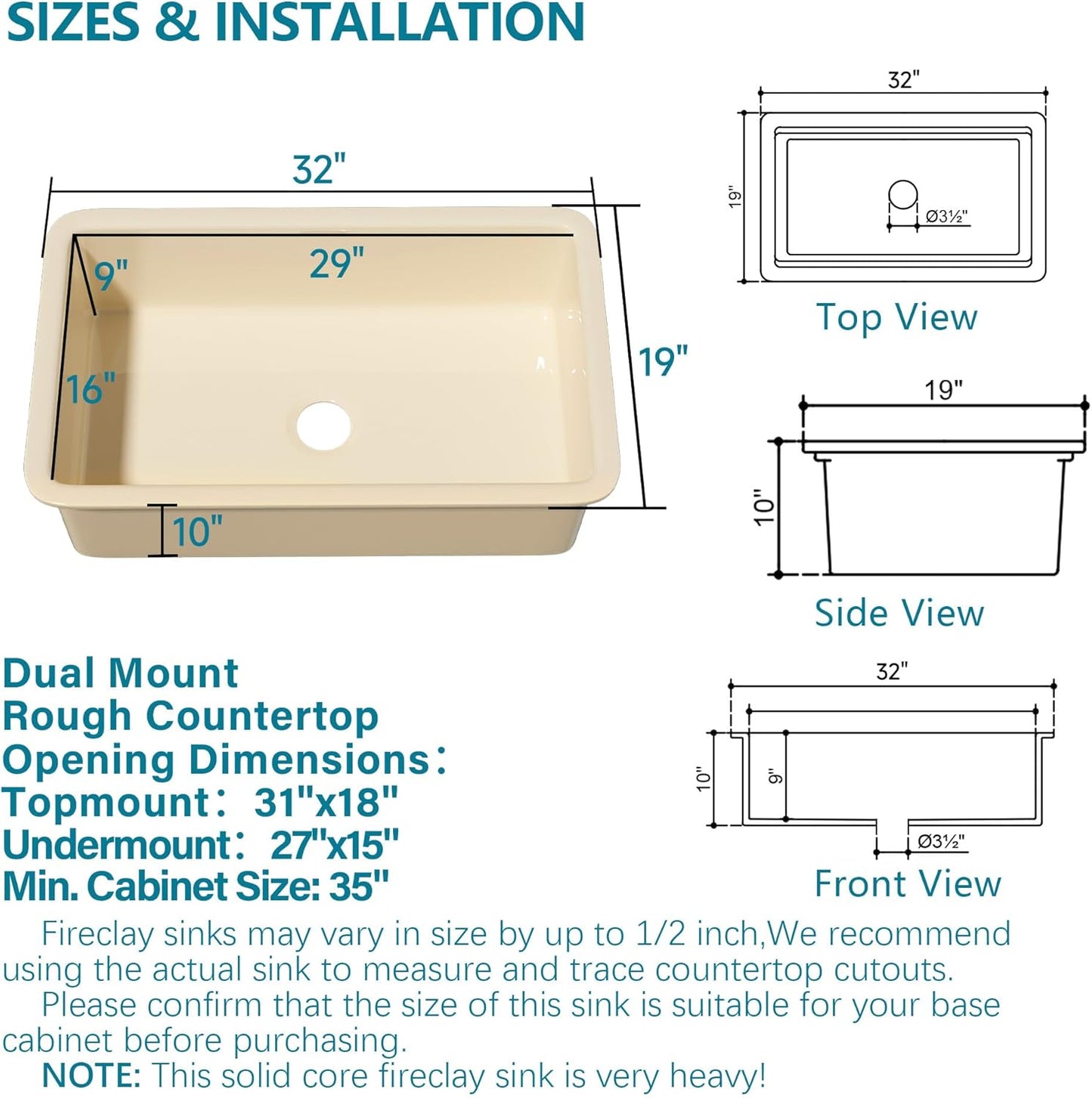 Undermount Kitchen Sink 32 x 19', Single Bowl, Dual Mount Heavy Duty Deep Basin, w Accessories 2 Types, Bone Color