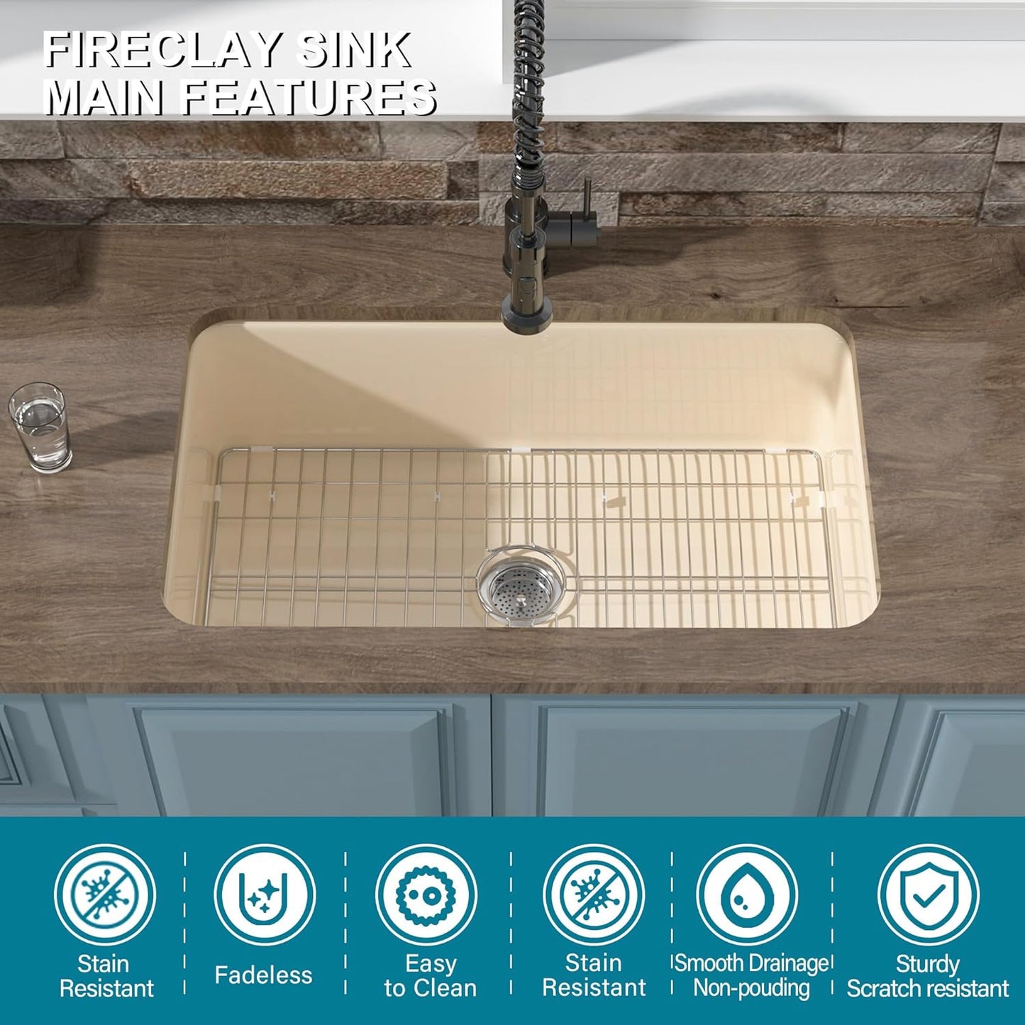 Undermount Kitchen Sink 32 x 19', Single Bowl, Dual Mount Heavy Duty Deep Basin, w Accessories 2 Types, Bone Color