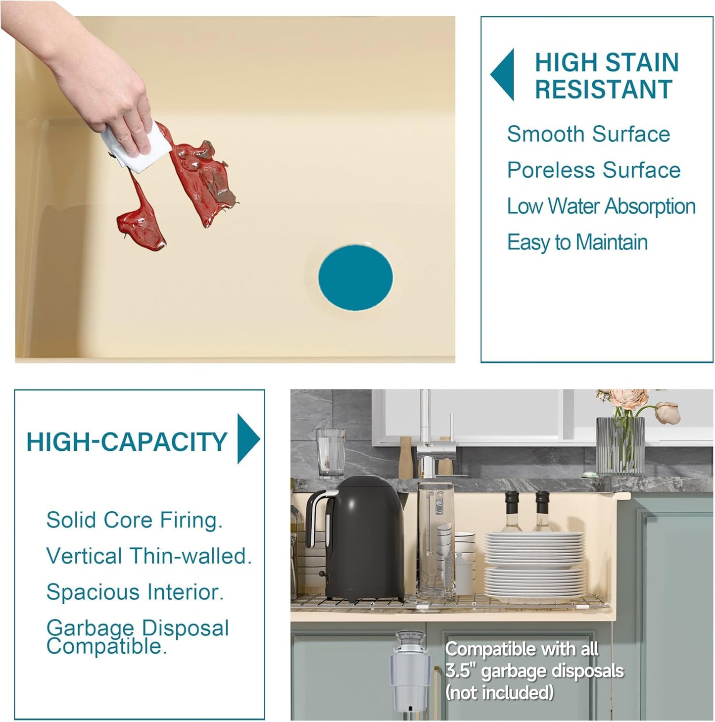 Undermount Kitchen Sink 32 x 19', Single Bowl, Dual Mount Heavy Duty Deep Basin, w Accessories 2 Types, Bone Color