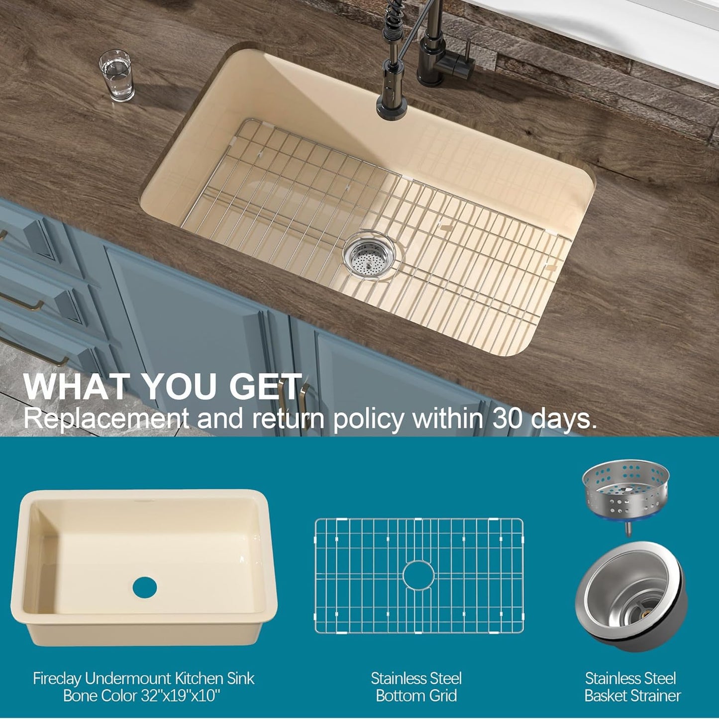 Undermount Kitchen Sink 32 x 19', Single Bowl, Dual Mount Heavy Duty Deep Basin, w Accessories 2 Types, Bone Color