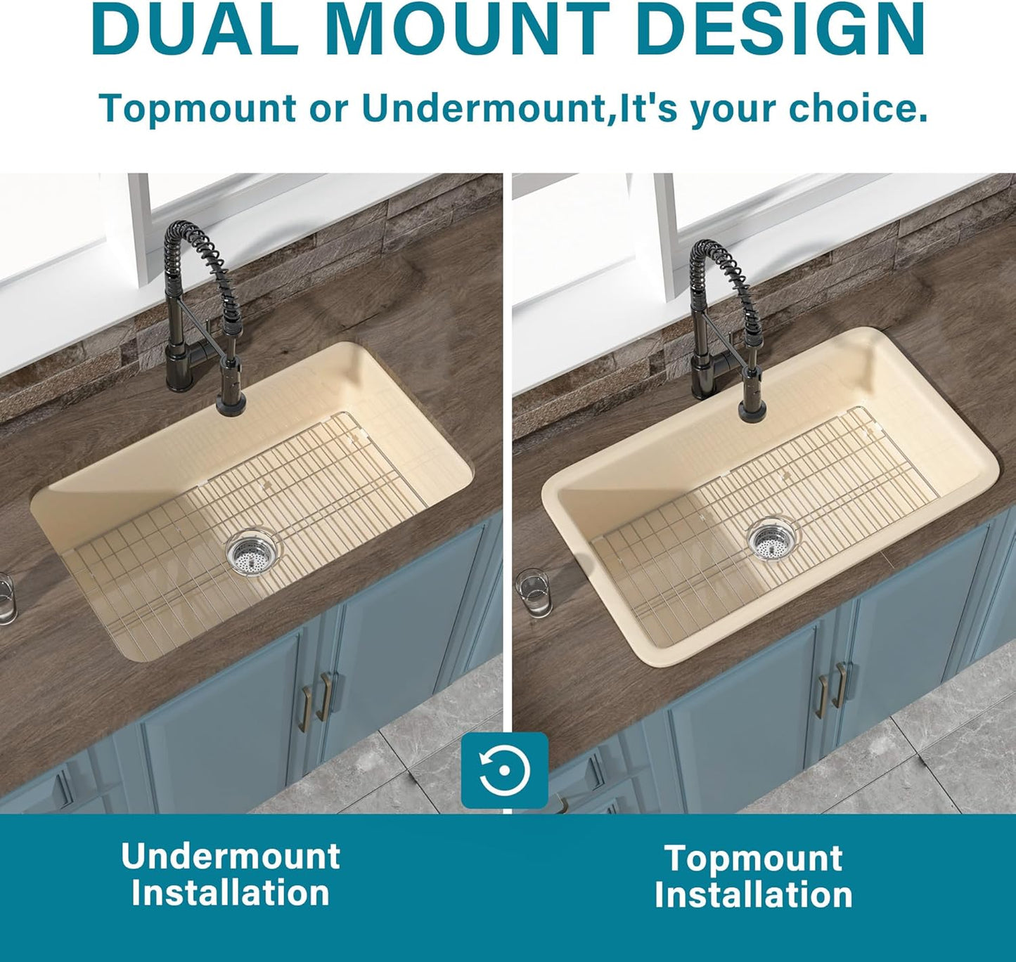 Undermount Kitchen Sink 32 x 19', Single Bowl, Dual Mount Heavy Duty Deep Basin, w Accessories 2 Types, Bone Color