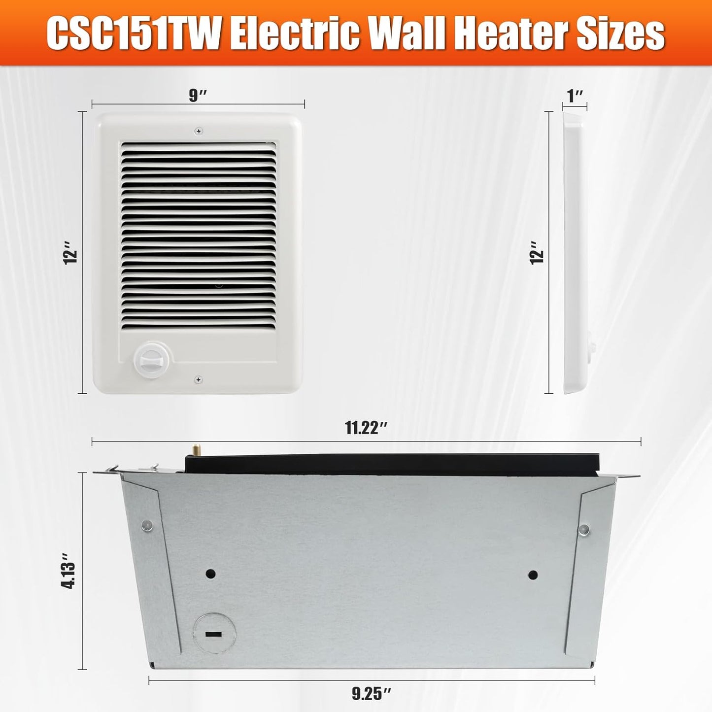 Electric Wall Heater CSC151TW Complete Unit with Adjustable Thermostat, 5120 BTU, 120 Volt, 1500 Watt