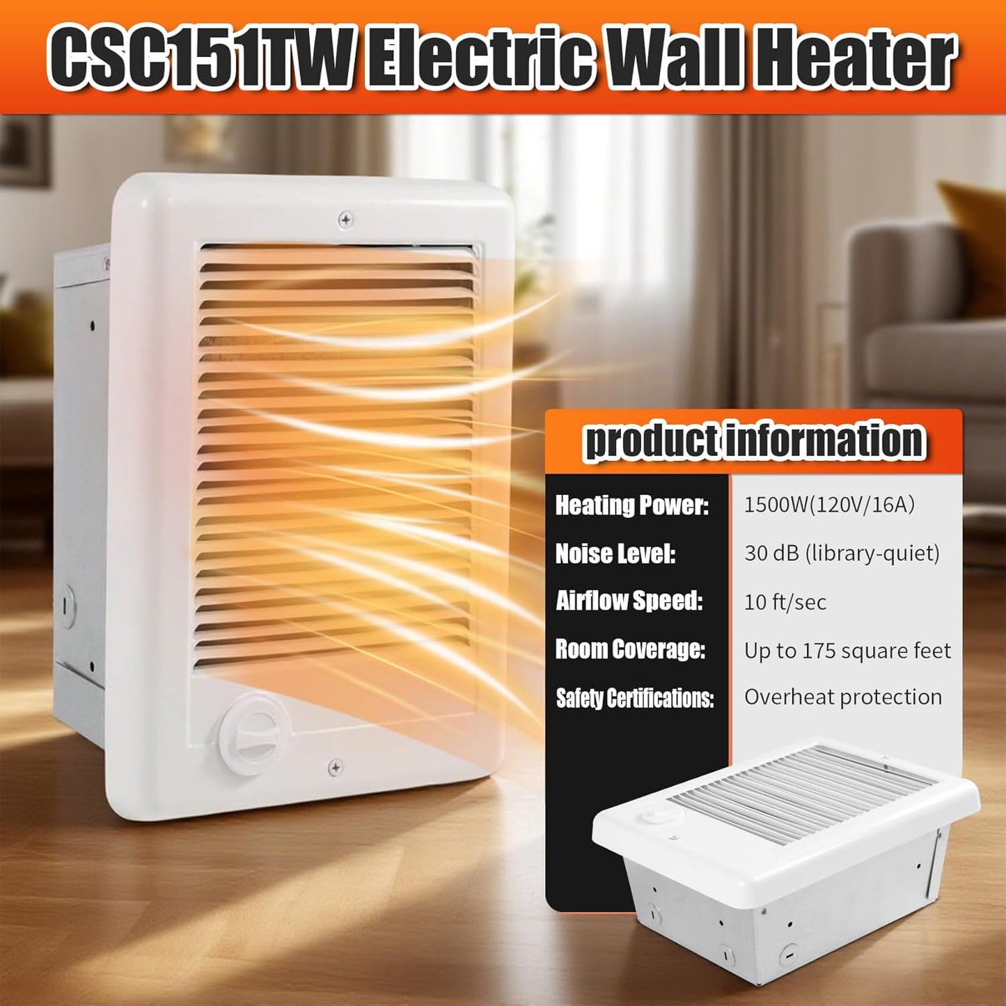 Electric Wall Heater CSC151TW Complete Unit with Adjustable Thermostat, 5120 BTU, 120 Volt, 1500 Watt