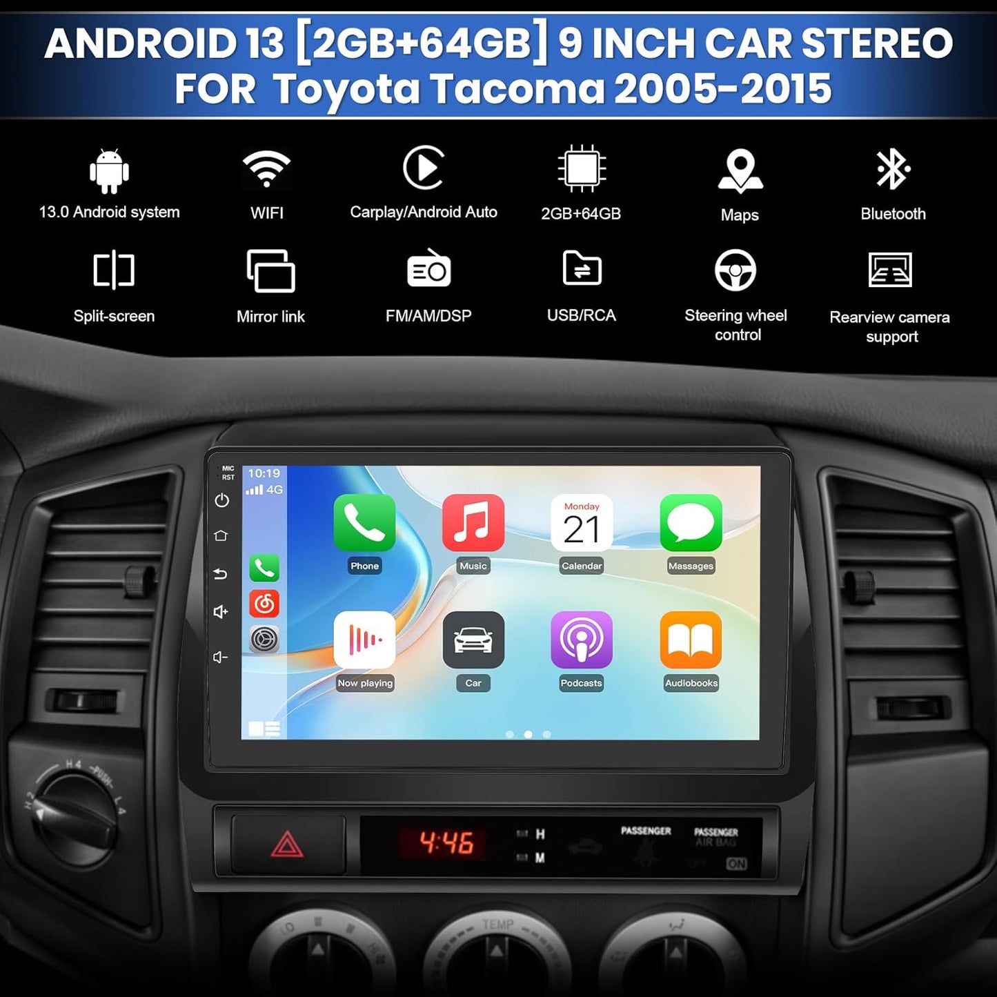 Android 13 Car Radio for Toyota Tacoma 2005-2015 with Wireless CarPlay Android, 9 Inch Stereo