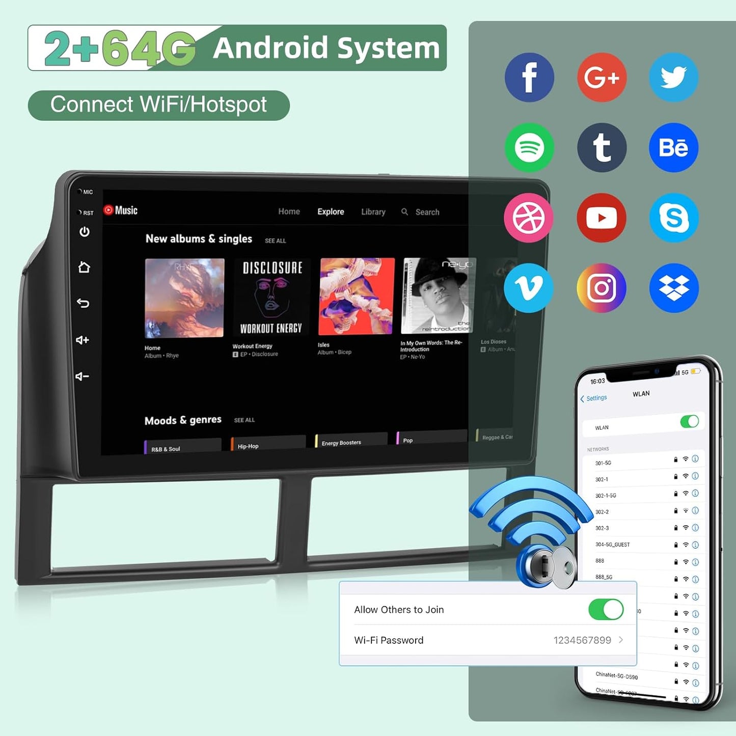 2+64G Radio for Jeep Grand Cherokee Radio 1999-2004, 9' Android Touch Screen, Carplay/Android Auto