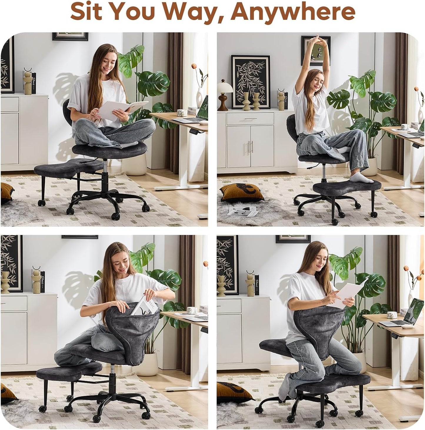 Ergonomic Cross Legged Office Chair and ADHD Meditation Chair w/ Silent Wheels, Storage Pockets, Velvet Fabric, Grey