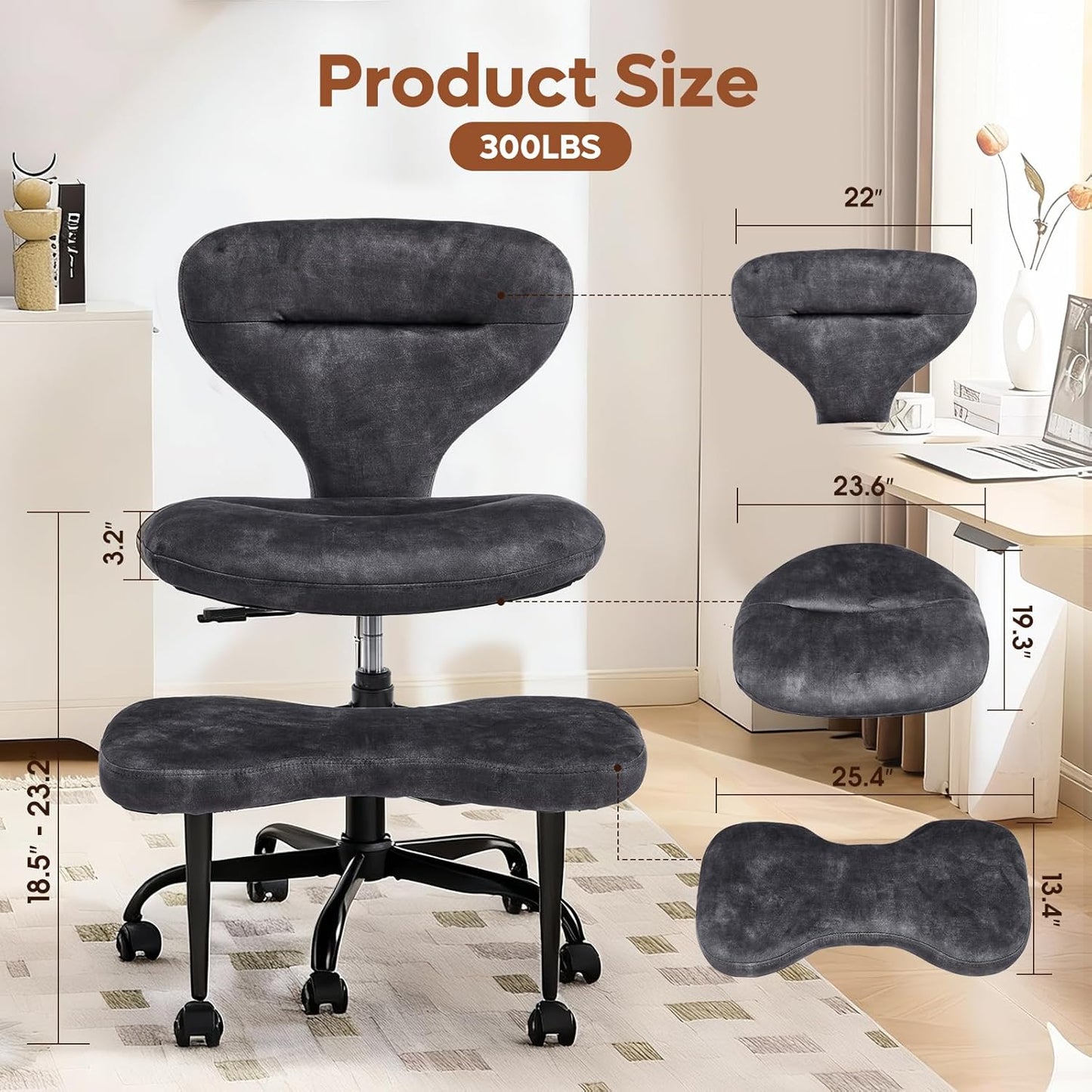 Ergonomic Cross Legged Office Chair and ADHD Meditation Chair w/ Silent Wheels, Storage Pockets, Velvet Fabric, Grey