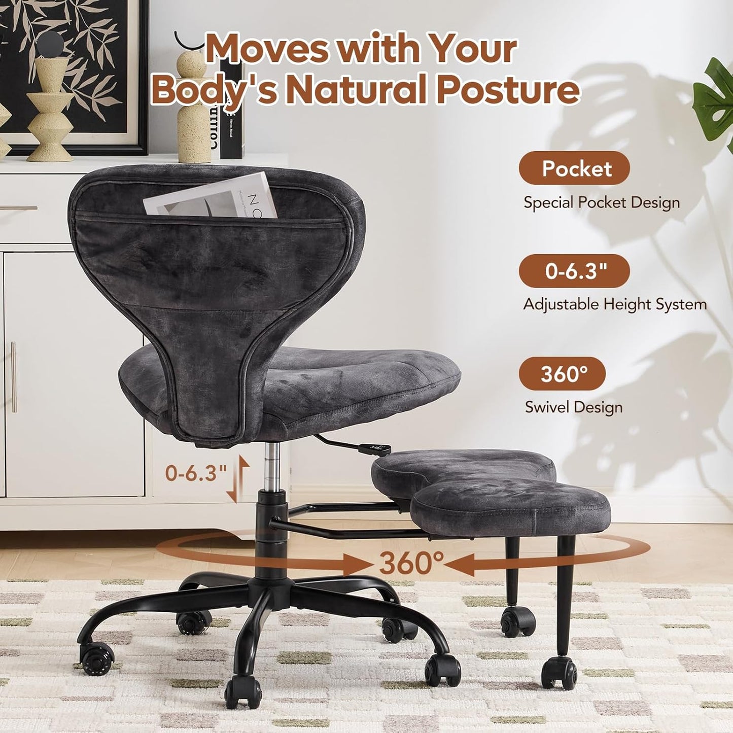 Ergonomic Cross Legged Office Chair and ADHD Meditation Chair w/ Silent Wheels, Storage Pockets, Velvet Fabric, Grey