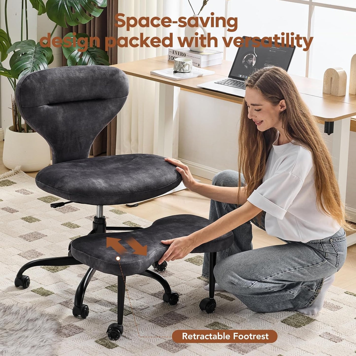 Ergonomic Cross Legged Office Chair and ADHD Meditation Chair w/ Silent Wheels, Storage Pockets, Velvet Fabric, Grey