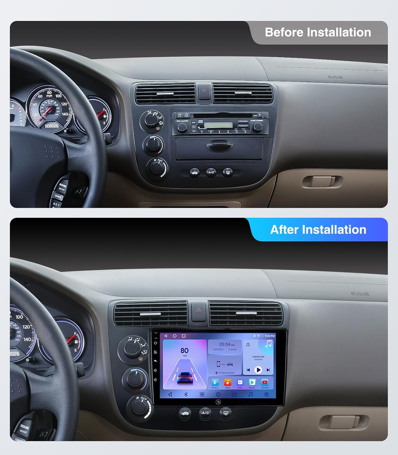 9' Touchscreen Car Stereo Radio for Honda Civic 2001-2005, with Wireless CarPlay Android Auto, Backup Camera, Mic