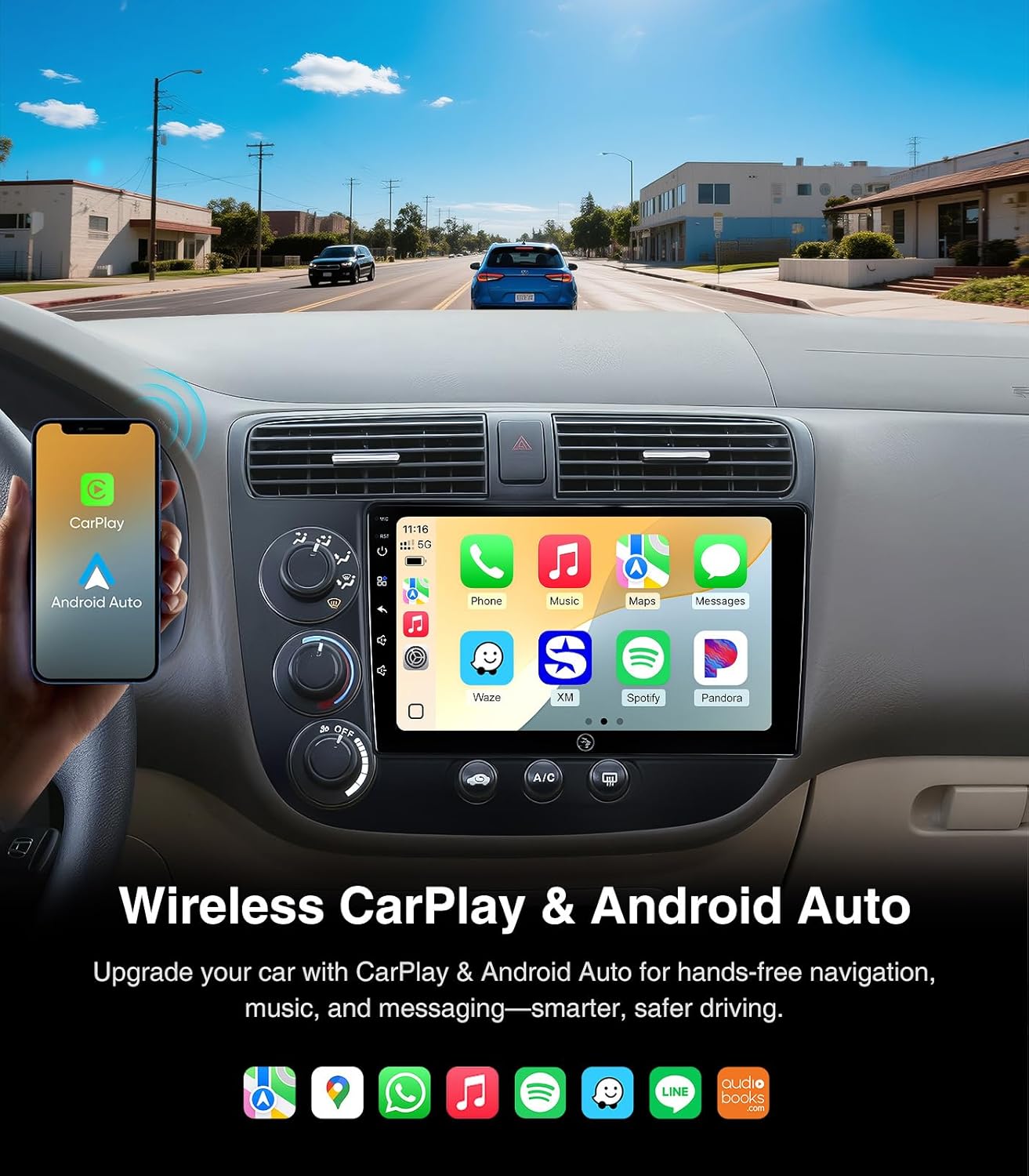 9' Touchscreen Car Stereo Radio for Honda Civic 2001-2005, with Wireless CarPlay Android Auto, Backup Camera, Mic