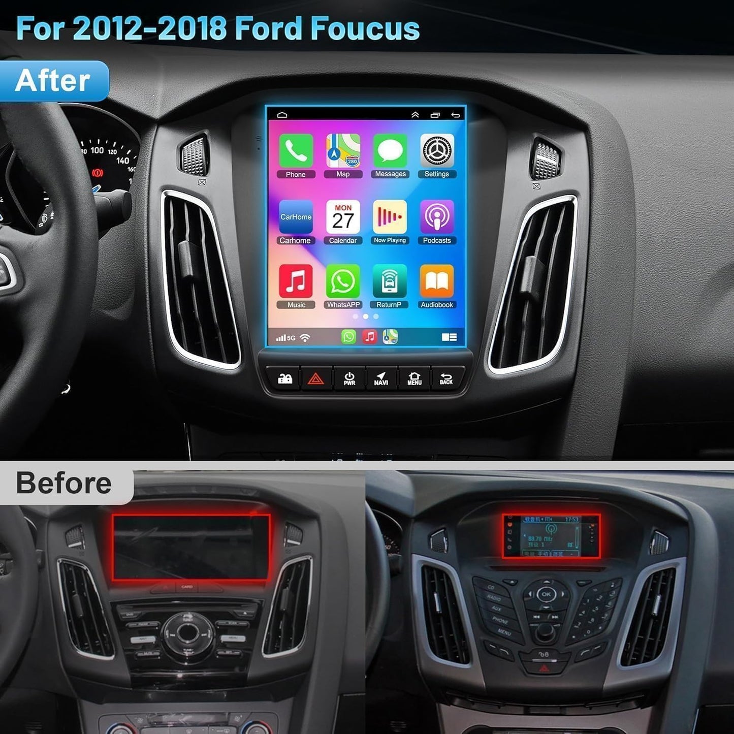 Car Radio for Ford Focus 2012-2018, 10.4 Inch IPS Touch Screen, with Wireless Carplay/Android