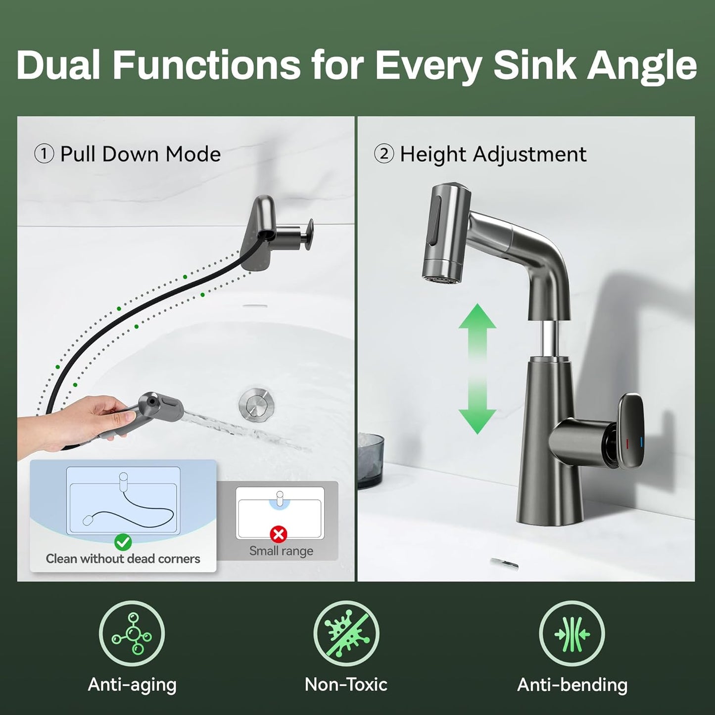 Rotatable Bar Sink Faucet, Upward Rinse, Lift & 360° Rotation, 10' Retractable Hose, Stainless Steel