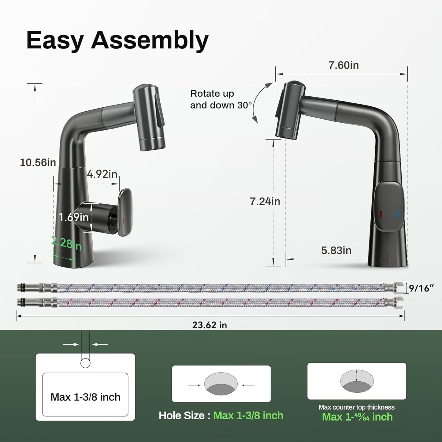 Rotatable Bar Sink Faucet, Upward Rinse, Lift & 360° Rotation, 10' Retractable Hose, Stainless Steel