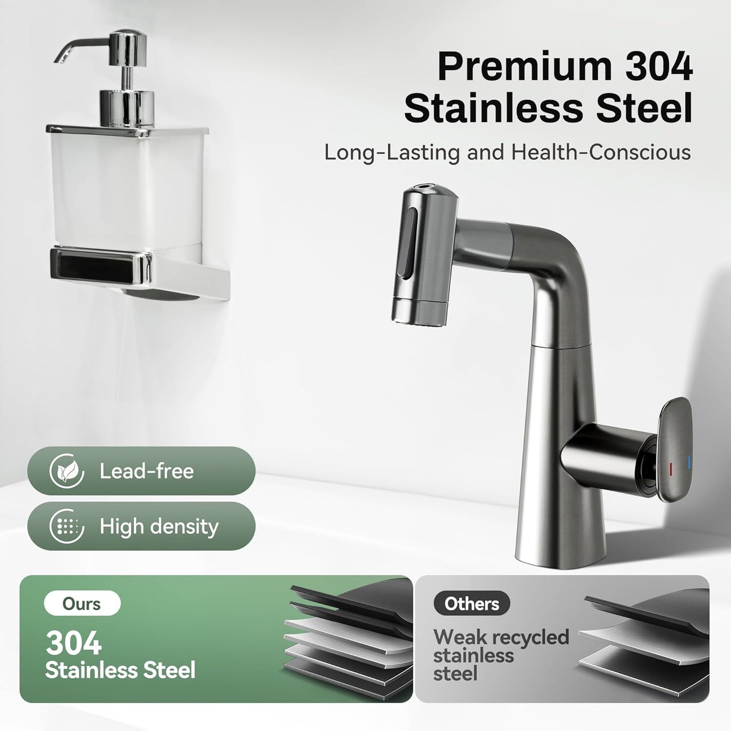 Rotatable Bar Sink Faucet, Upward Rinse, Lift & 360° Rotation, 10' Retractable Hose, Stainless Steel