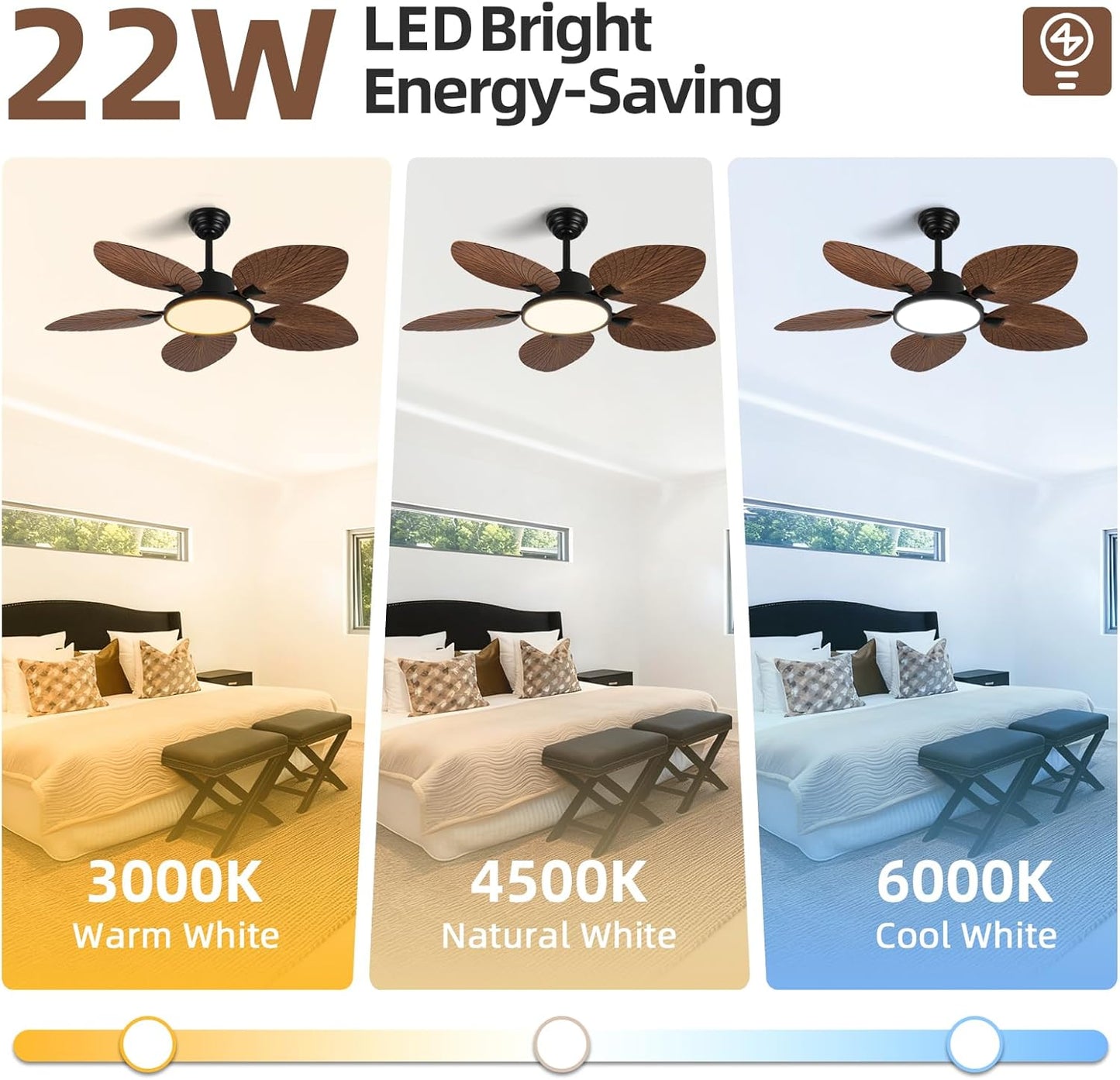 52 Inch Tropical Ceiling Fan with Light and Remote – Palm Leaf Blades, Quiet Reversible Motor, LED