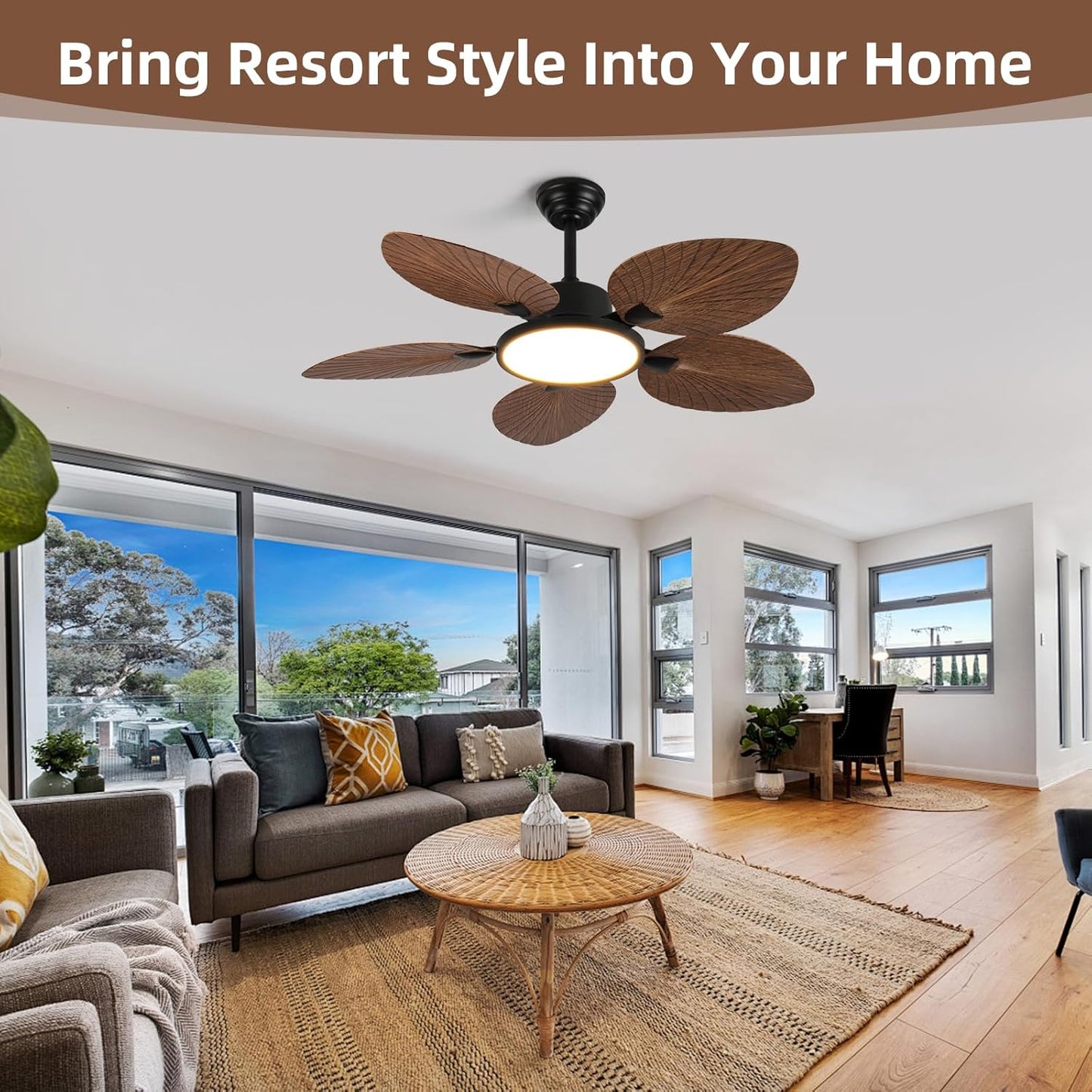 52 Inch Tropical Ceiling Fan with Light and Remote – Palm Leaf Blades, Quiet Reversible Motor, LED