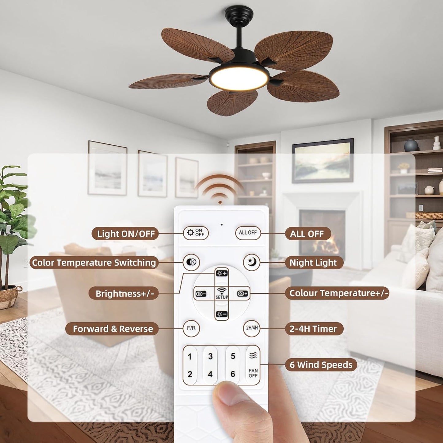 52 Inch Tropical Ceiling Fan with Light and Remote – Palm Leaf Blades, Quiet Reversible Motor, LED