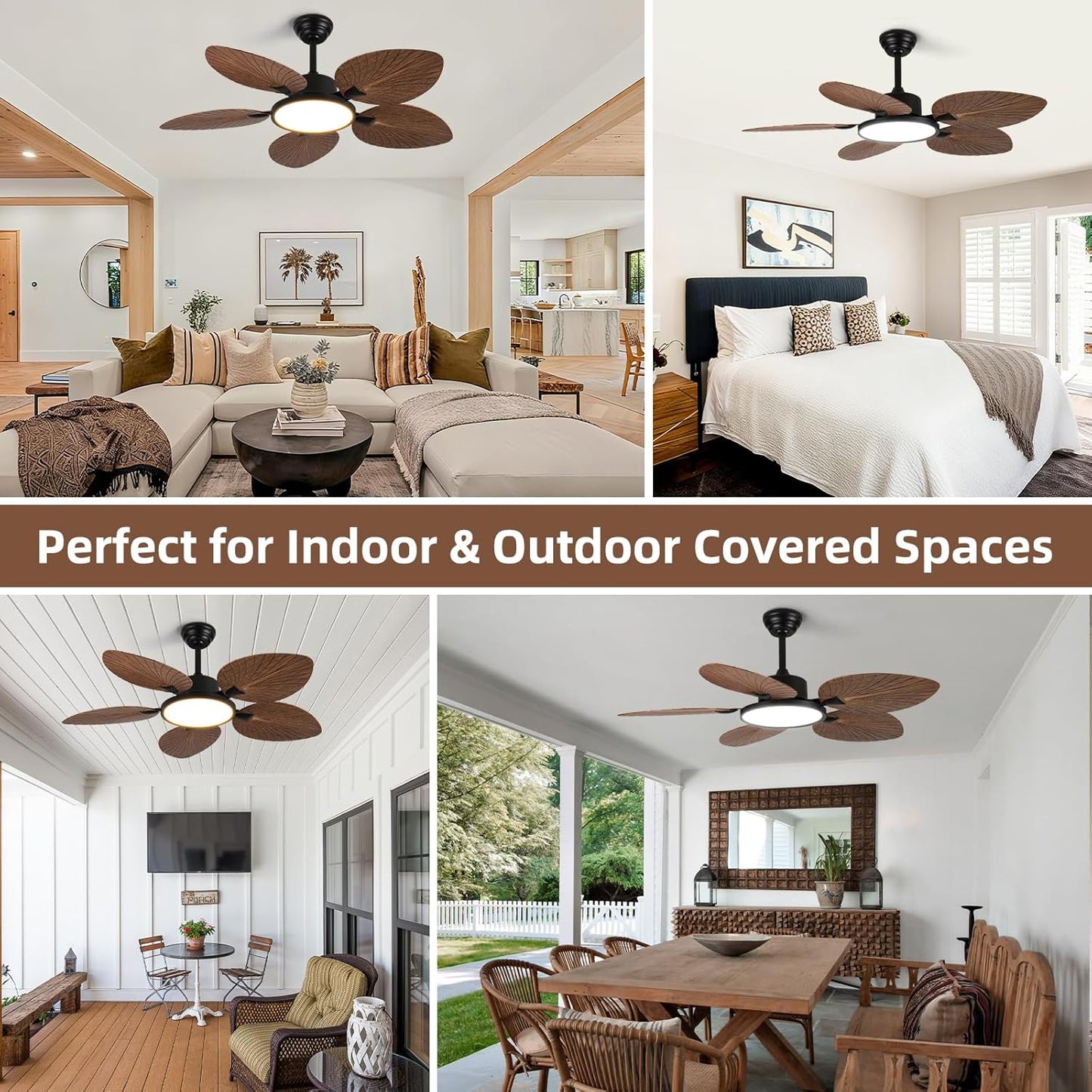 52 Inch Tropical Ceiling Fan with Light and Remote – Palm Leaf Blades, Quiet Reversible Motor, LED