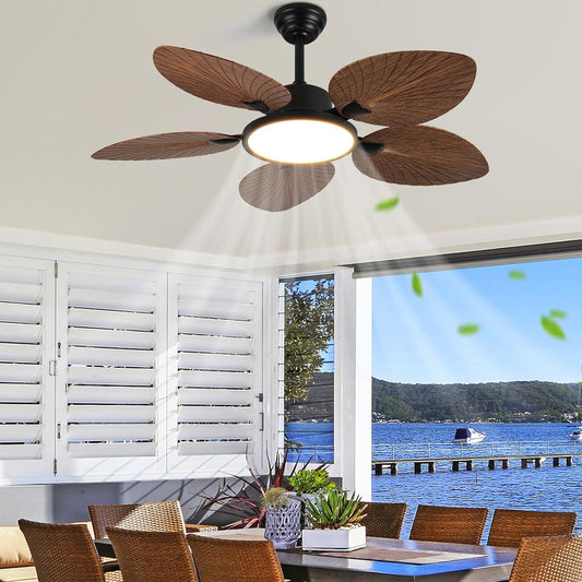 52 Inch Tropical Ceiling Fan with Light and Remote – Palm Leaf Blades, Quiet Reversible Motor, LED
