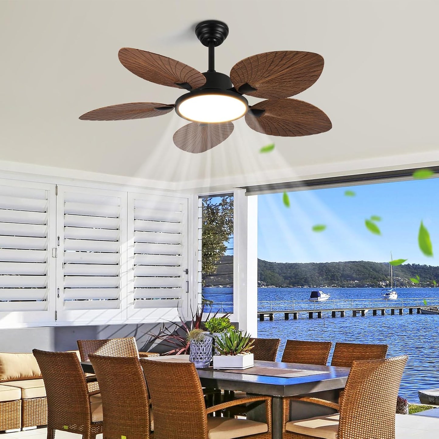 52 Inch Tropical Ceiling Fan with Light and Remote – Palm Leaf Blades, Quiet Reversible Motor, LED