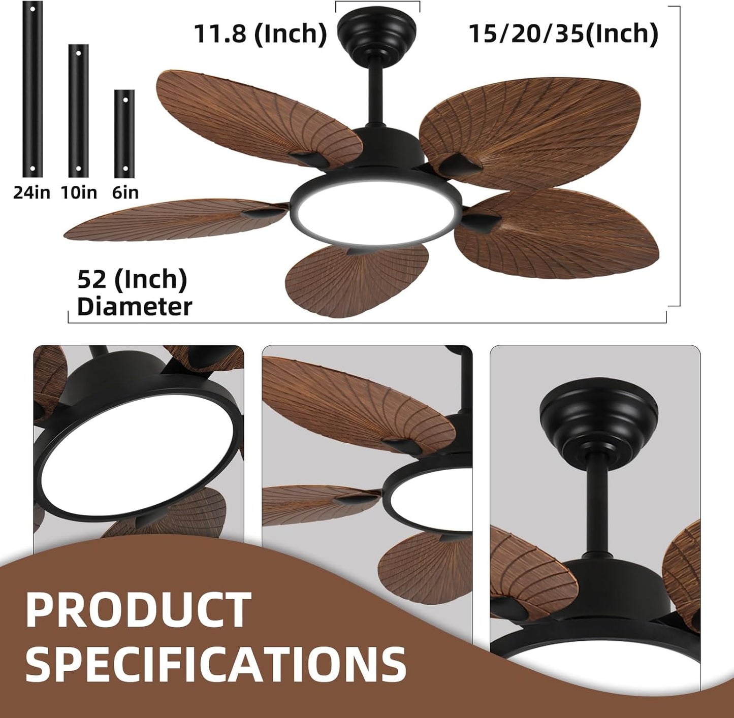 52 Inch Tropical Ceiling Fan with Light and Remote – Palm Leaf Blades, Quiet Reversible Motor, LED
