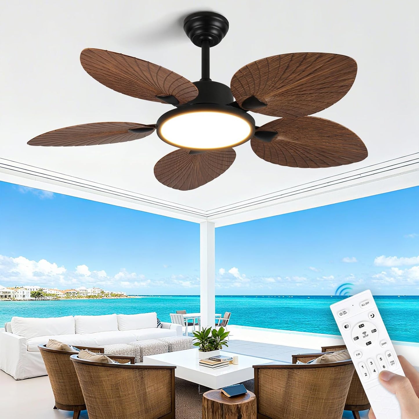 52 Inch Tropical Ceiling Fan with Light and Remote – Palm Leaf Blades, Quiet Reversible Motor, LED