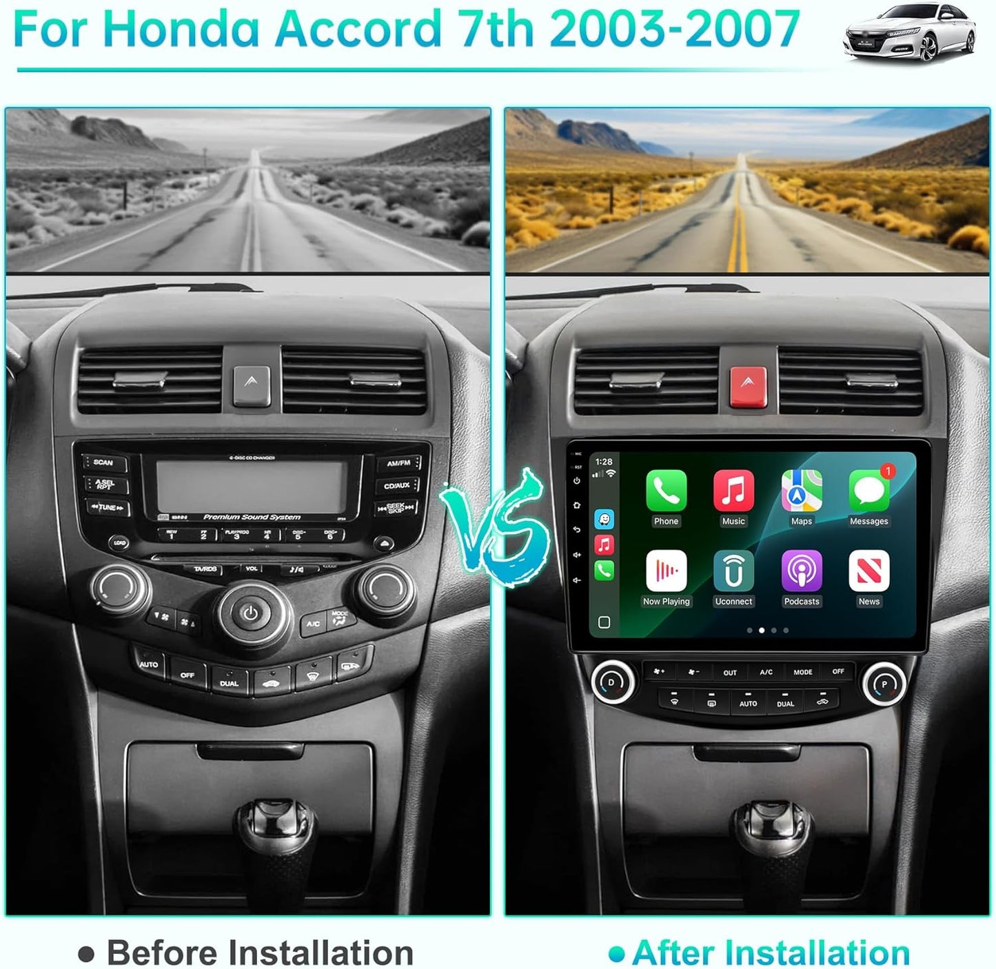 Car Radio Stereo for Honda Accord 7th gen 2003-2007, Wireless CarPlay & Android Auto, 10-Inch IPS Touchscreen