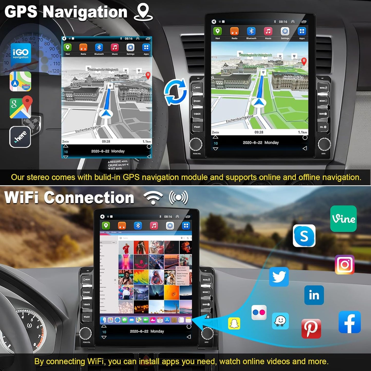 Double din car Radio Universal 9.7' Touch Screen Head Unit, Support Wireless carplay Android