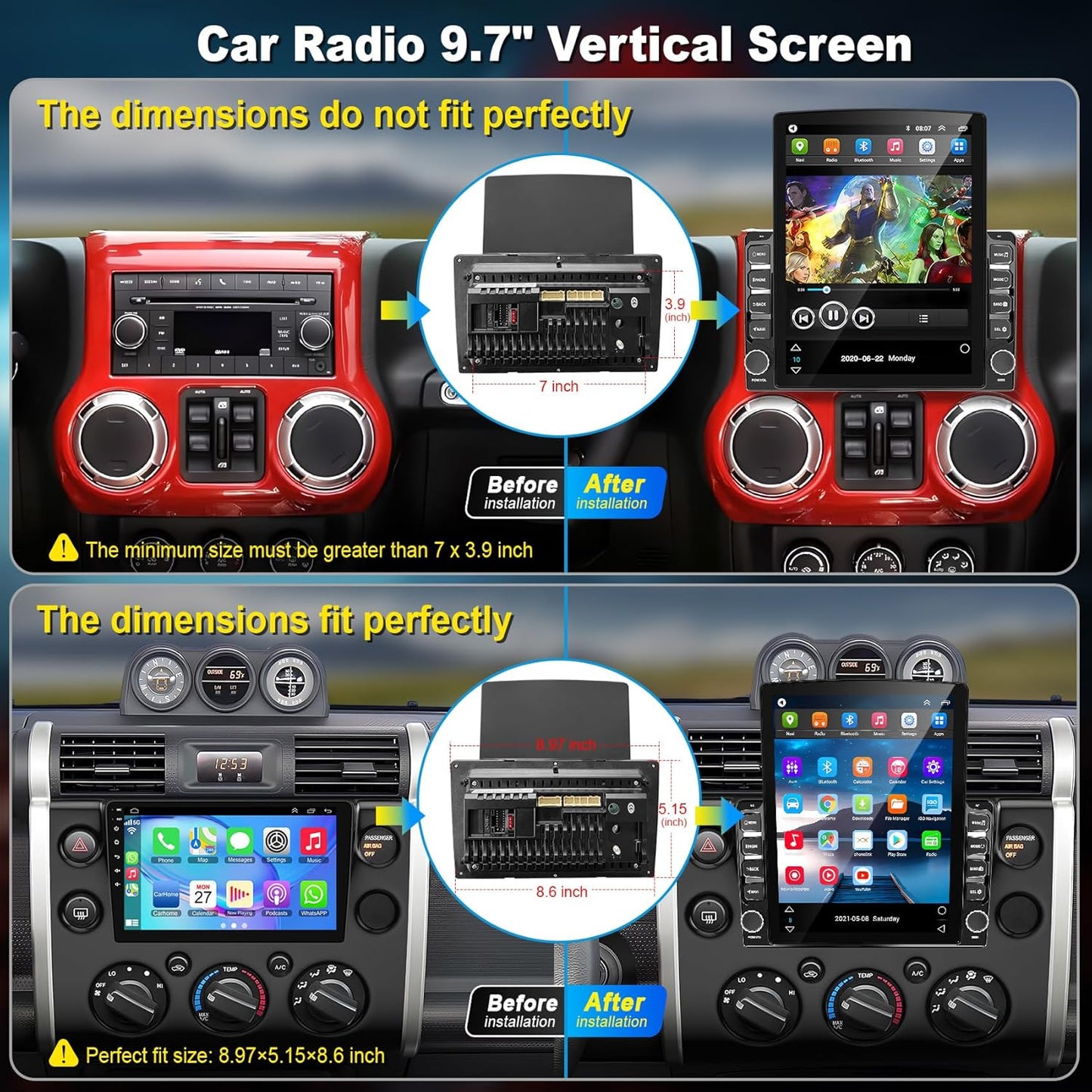 Double din car Radio Universal 9.7' Touch Screen Head Unit, Support Wireless carplay Android