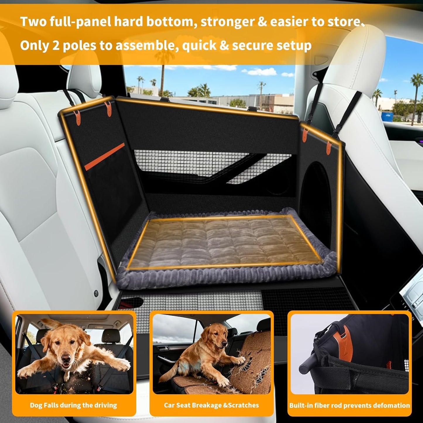 XL Large Dog Car Seat Cover with Dog Bed Mat for Back Seat Half, Waterproof Hard Bottom, Single Seat Hammock