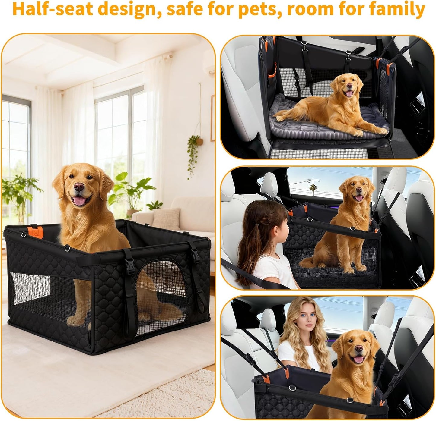 XL Large Dog Car Seat Cover with Dog Bed Mat for Back Seat Half, Waterproof Hard Bottom, Single Seat Hammock