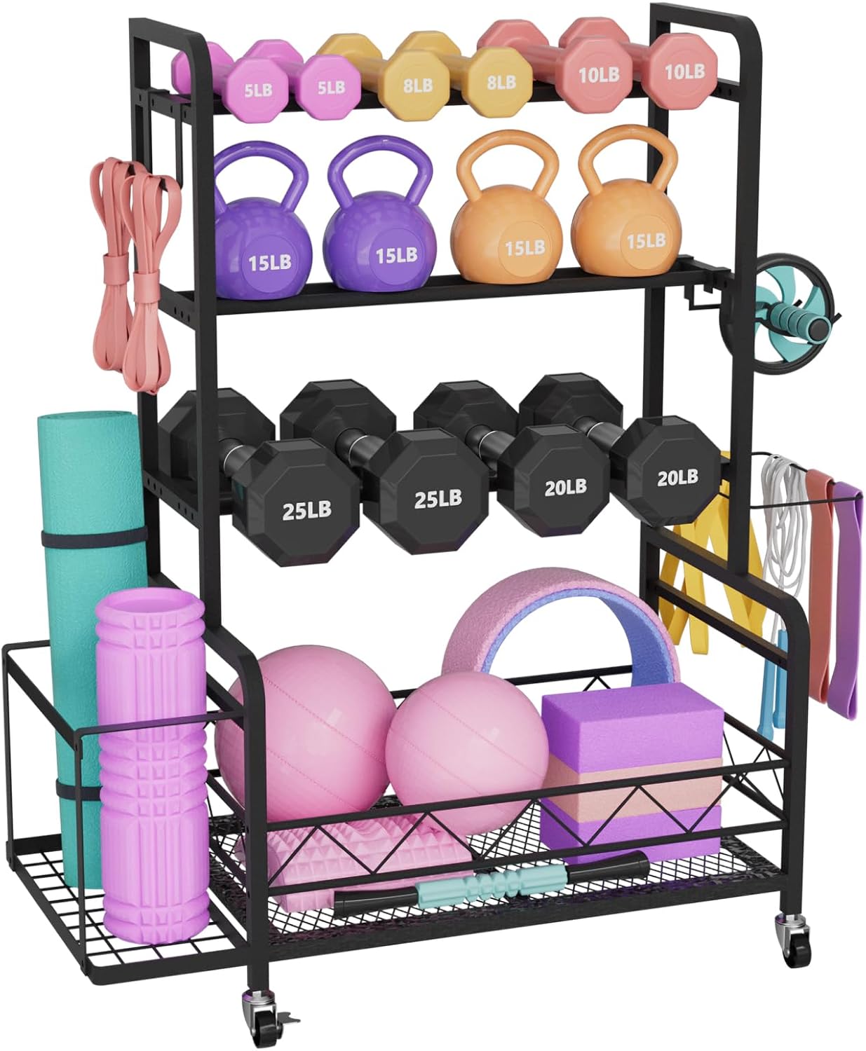 Adjustable Weight Rack for Home Gym Storage with 4 Wheels, Side Basket, Hooks, Metal Dumbbell Stand