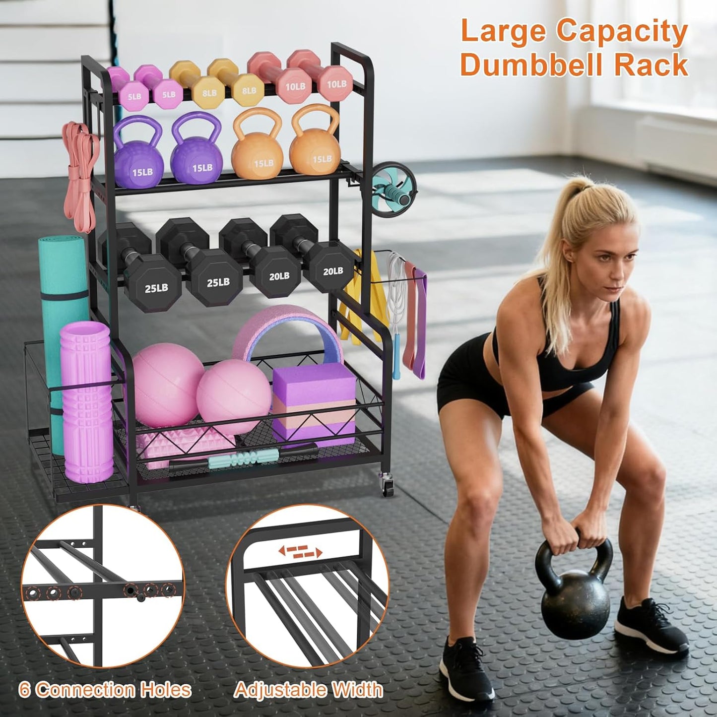 Adjustable Weight Rack for Home Gym Storage with 4 Wheels, Side Basket, Hooks, Metal Dumbbell Stand
