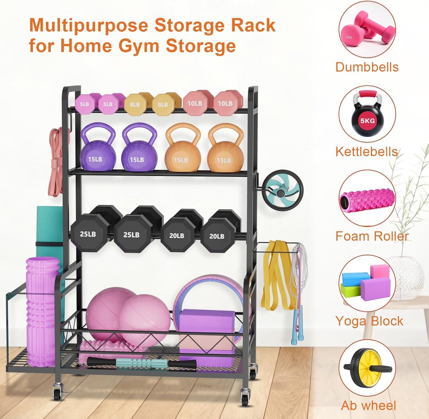 Adjustable Weight Rack for Home Gym Storage with 4 Wheels, Side Basket, Hooks, Metal Dumbbell Stand