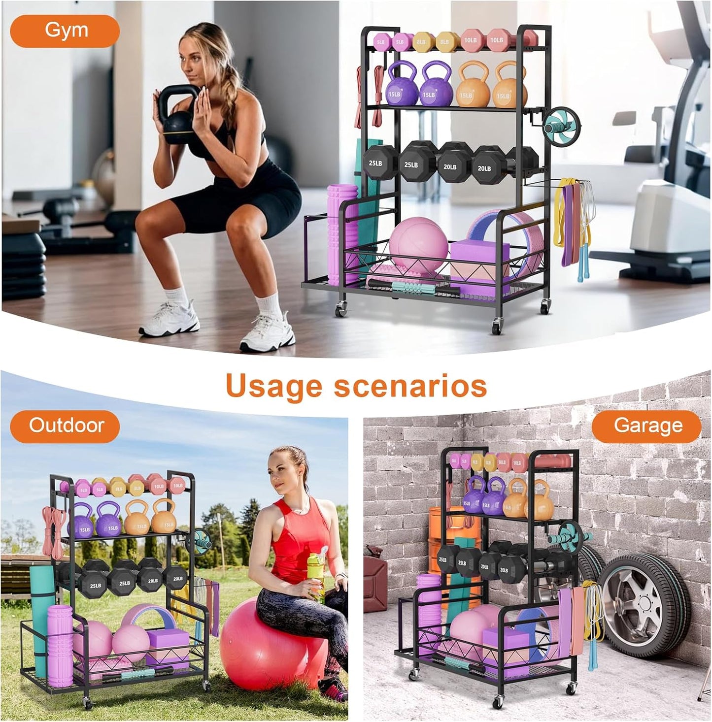 Adjustable Weight Rack for Home Gym Storage with 4 Wheels, Side Basket, Hooks, Metal Dumbbell Stand