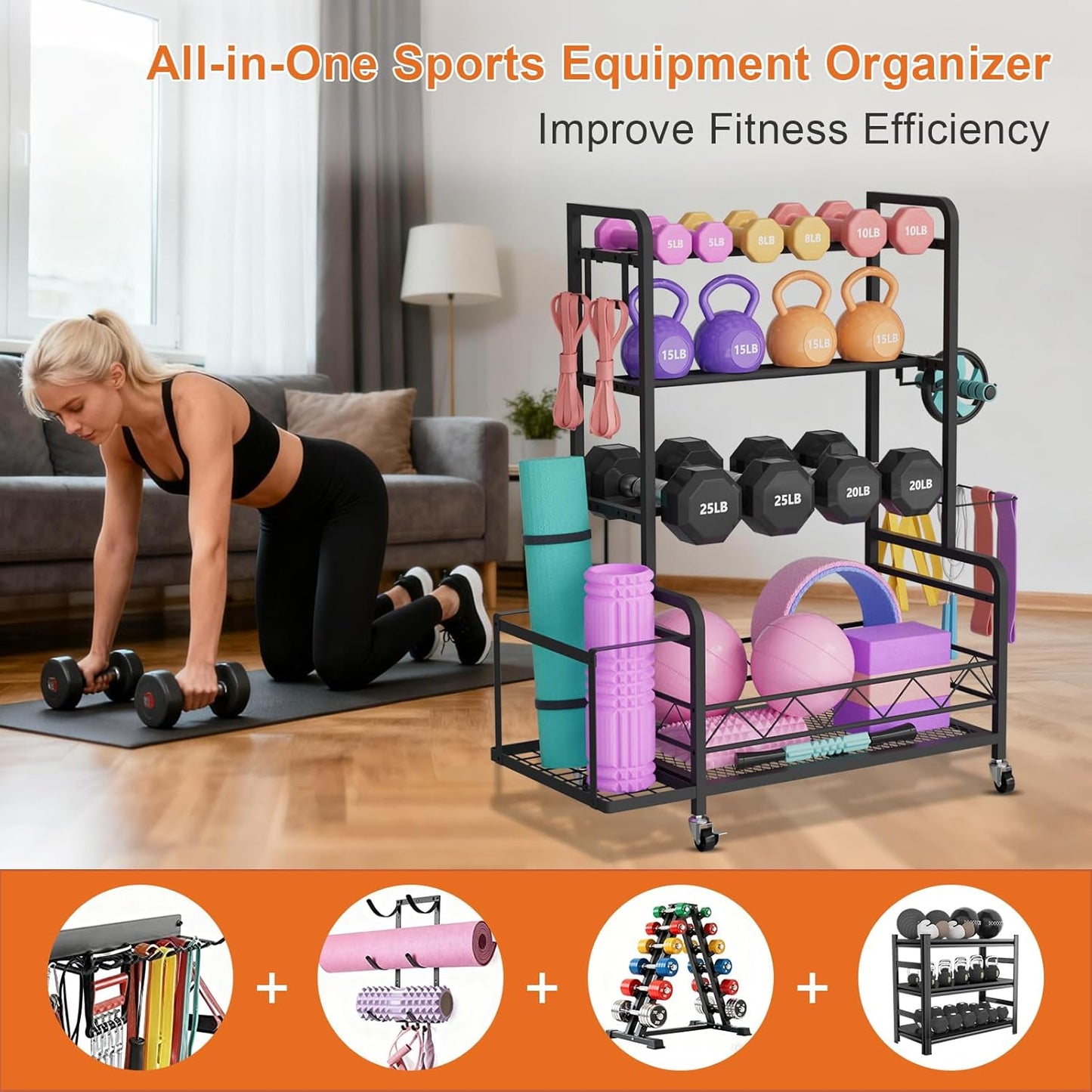 Adjustable Weight Rack for Home Gym Storage with 4 Wheels, Side Basket, Hooks, Metal Dumbbell Stand