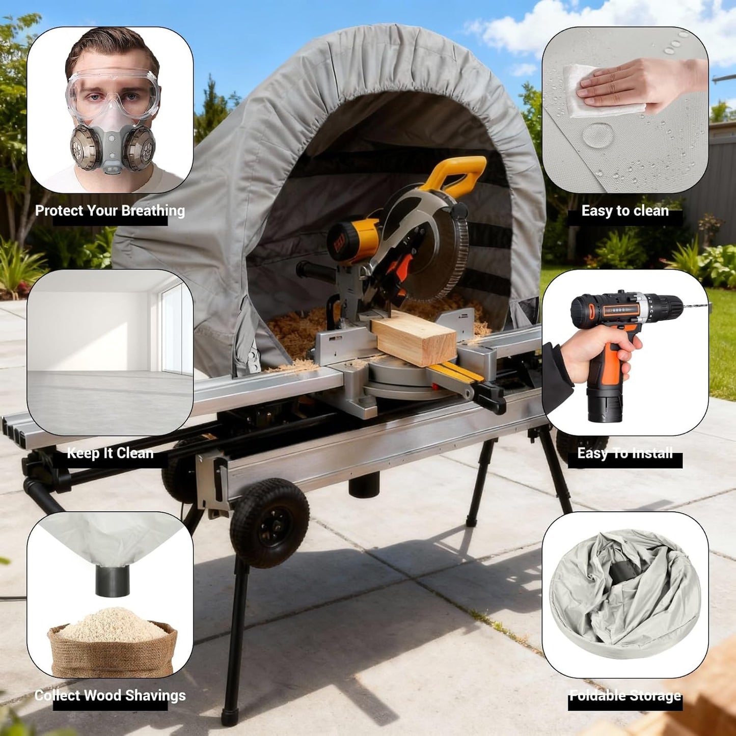 Miter Saw Collection Hood, Heavy-Duty Oxford Fabric Dust Solution, Foldable, w/ Accessories/Storage Bag,  Fits All