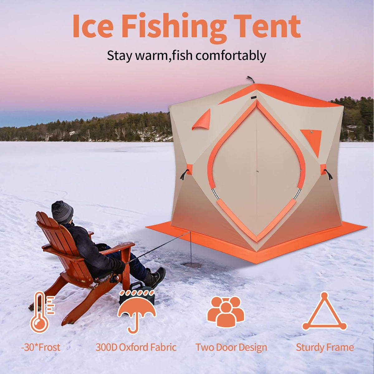 3-4 Person Ice Fishing Tent, Portable Ice Fishing Shelter, 300d Oxford Fabric Waterproof Foldable Insulated Tent for Outdoor Fish,180x180x200cm