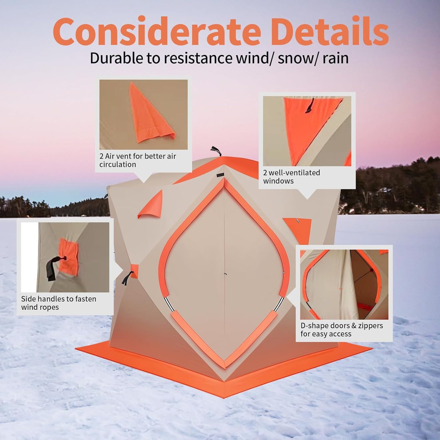 3-4 Person Ice Fishing Tent, Portable Ice Fishing, Oxford Fabric Waterproof Foldable, Insulated, 180x180x200cm