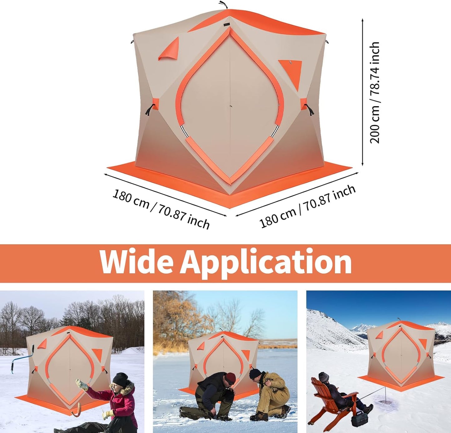 3-4 Person Ice Fishing Tent, Portable Ice Fishing, Oxford Fabric Waterproof Foldable, Insulated, 180x180x200cm