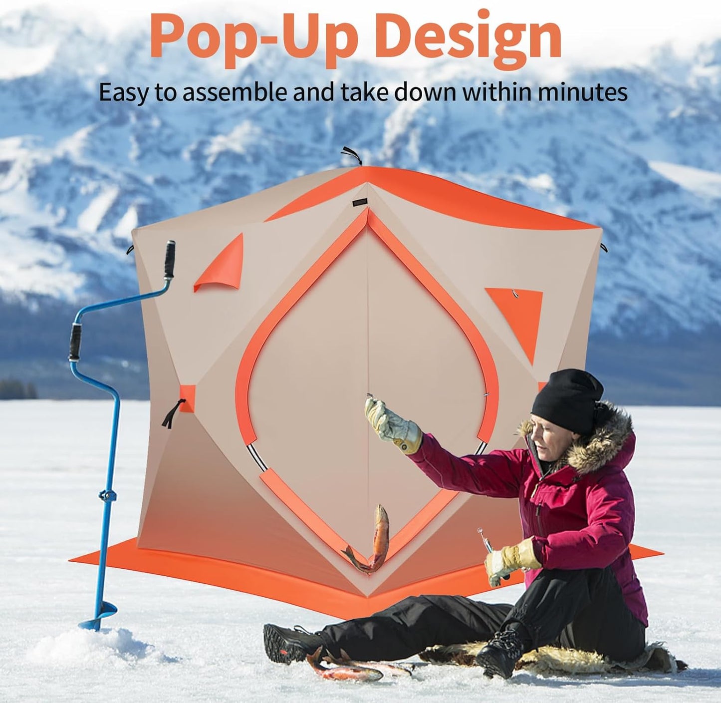 3-4 Person Ice Fishing Tent, Portable Ice Fishing, Oxford Fabric Waterproof Foldable, Insulated, 180x180x200cm
