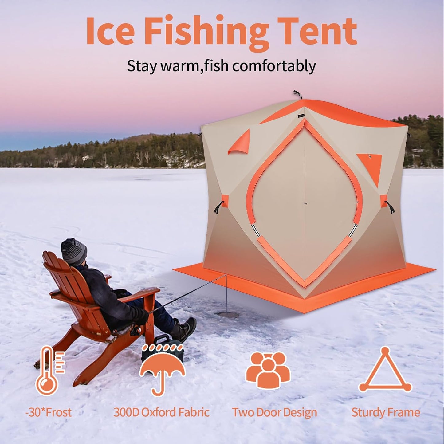 3-4 Person Ice Fishing Tent, Portable Ice Fishing, Oxford Fabric Waterproof Foldable, Insulated, 180x180x200cm