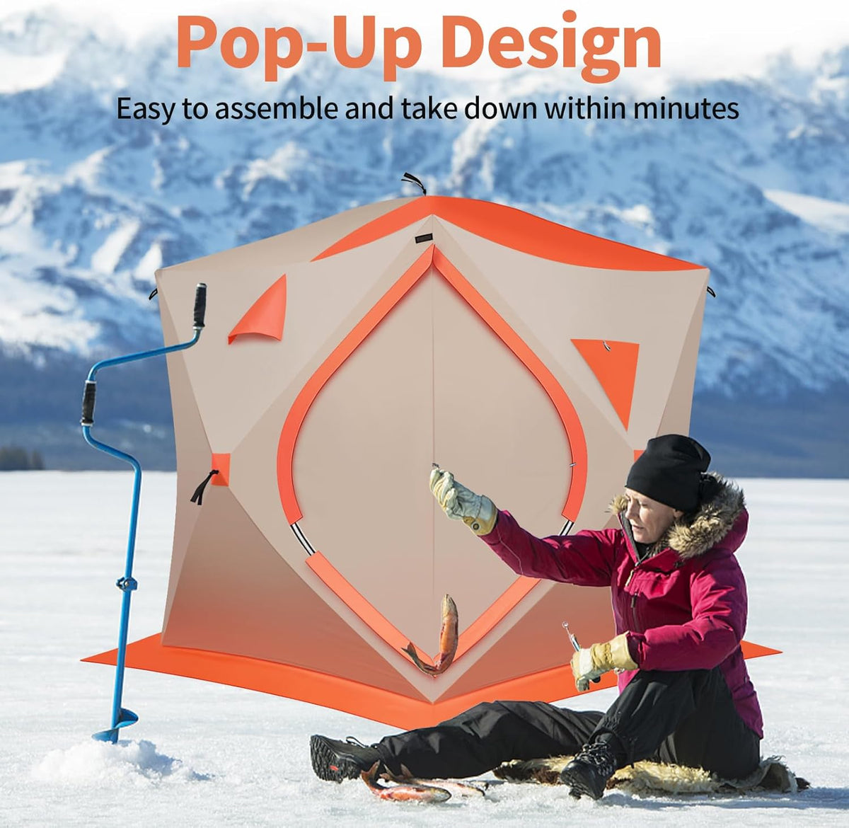 3-4 Person Ice Fishing Tent, Portable Ice Fishing Shelter, 300d Oxford Fabric Waterproof Foldable Insulated Tent for Outdoor Fish,180x180x200cm