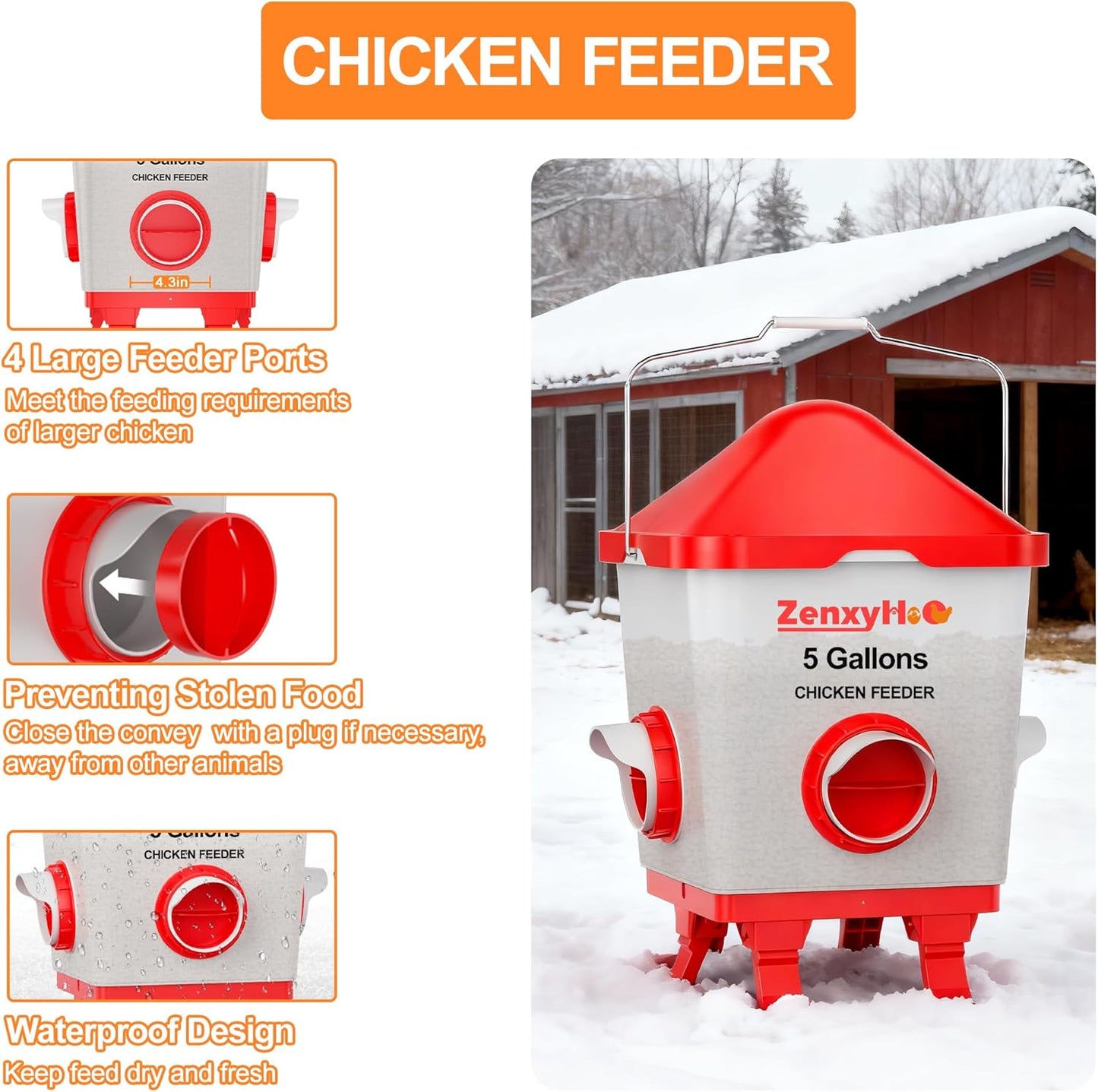 5 Gallons Heated Chicken Waterer and Feeder Set Buckets with 10FT Power Cord, w/ 4 Nipples and 4 Large Ports