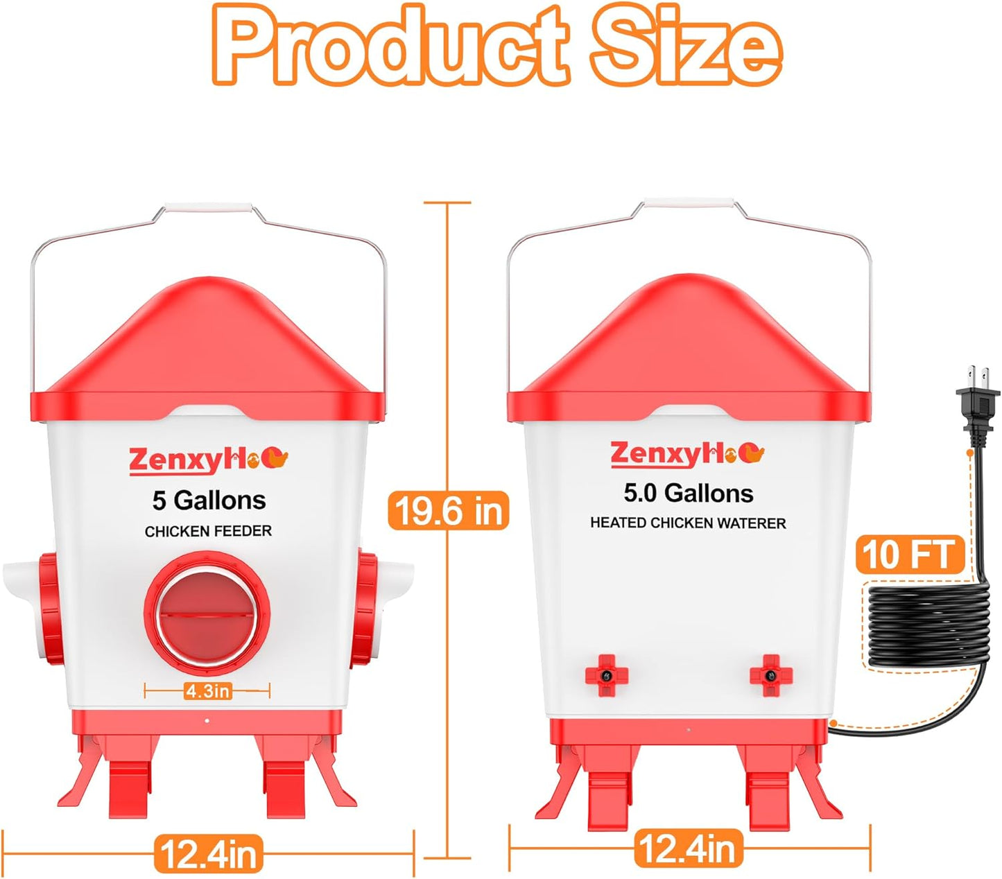 5 Gallons Heated Chicken Waterer and Feeder Set Buckets with 10FT Power Cord, w/ 4 Nipples and 4 Large Ports