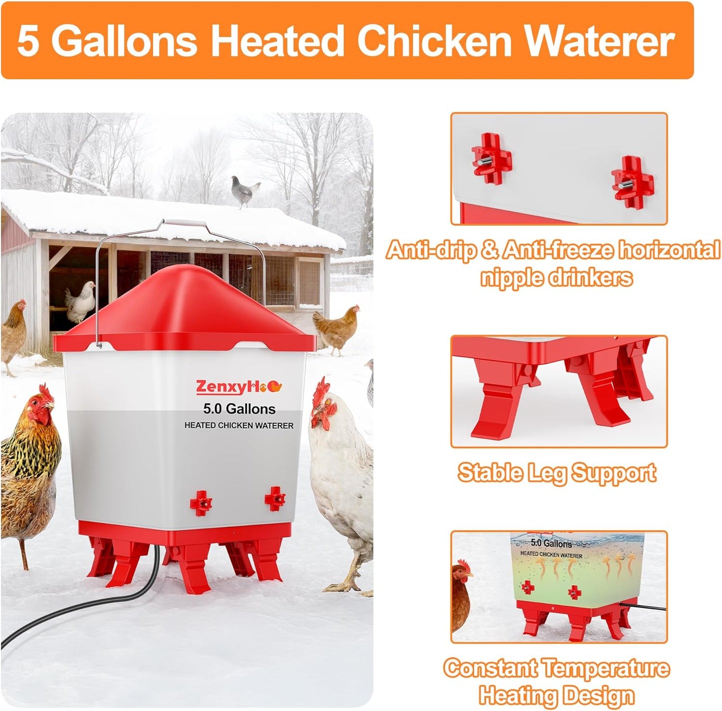 5 Gallons Heated Chicken Waterer and Feeder Set Buckets with 10FT Power Cord, w/ 4 Nipples and 4 Large Ports